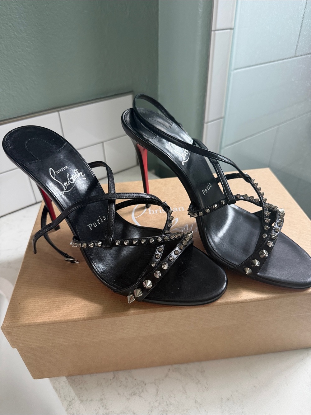 Christian Louboutin Black Studded Strappy Sandals with Red Soles